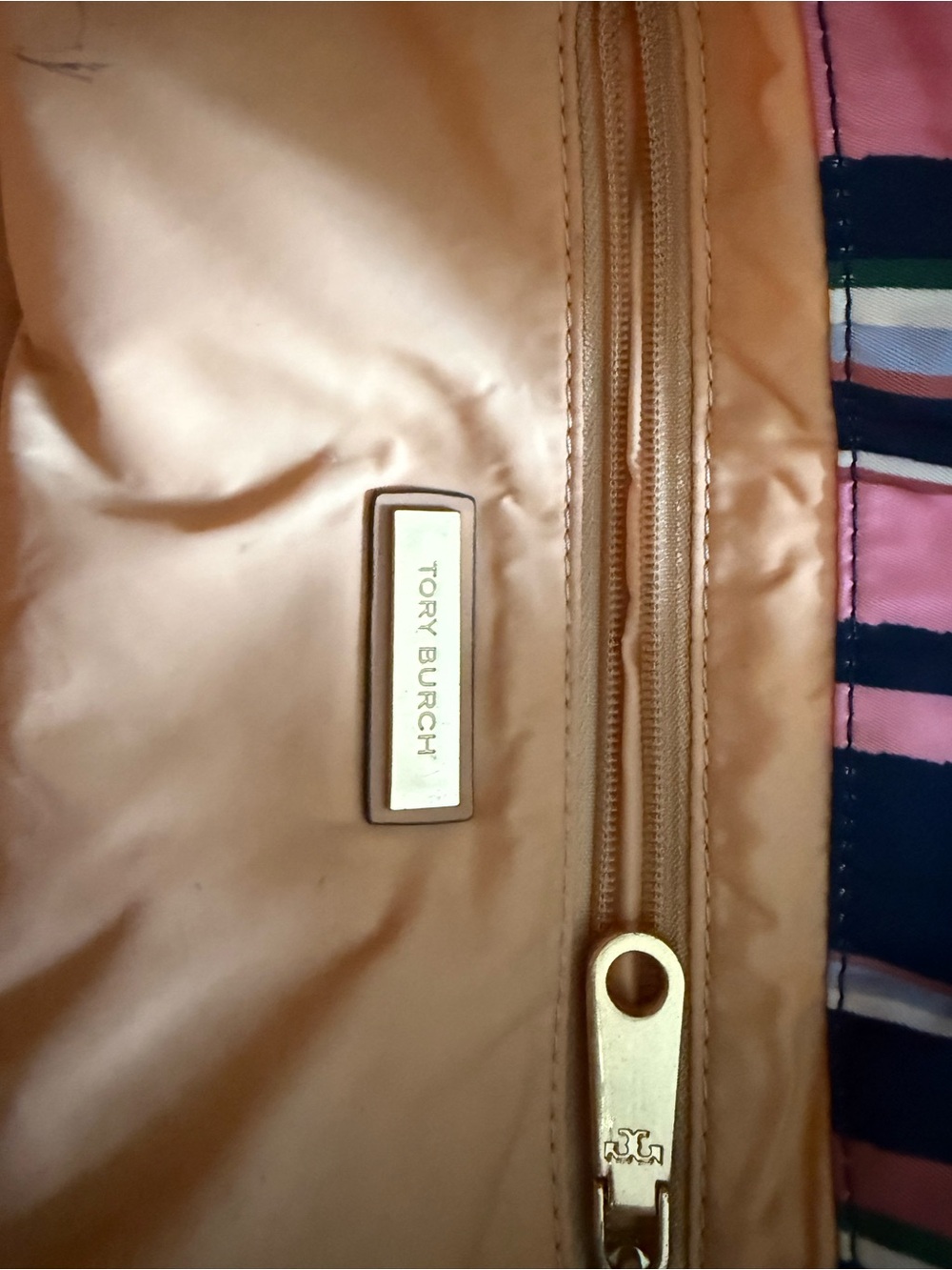 Tory Burch Ella tote featuring a vertical navy and pink canyon stripe. - Picture 8 of 8